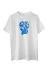 picture of white short sleeve t-shirt with blue screenprinted image of a dog-like creature with "CASPER CHOA" logo above