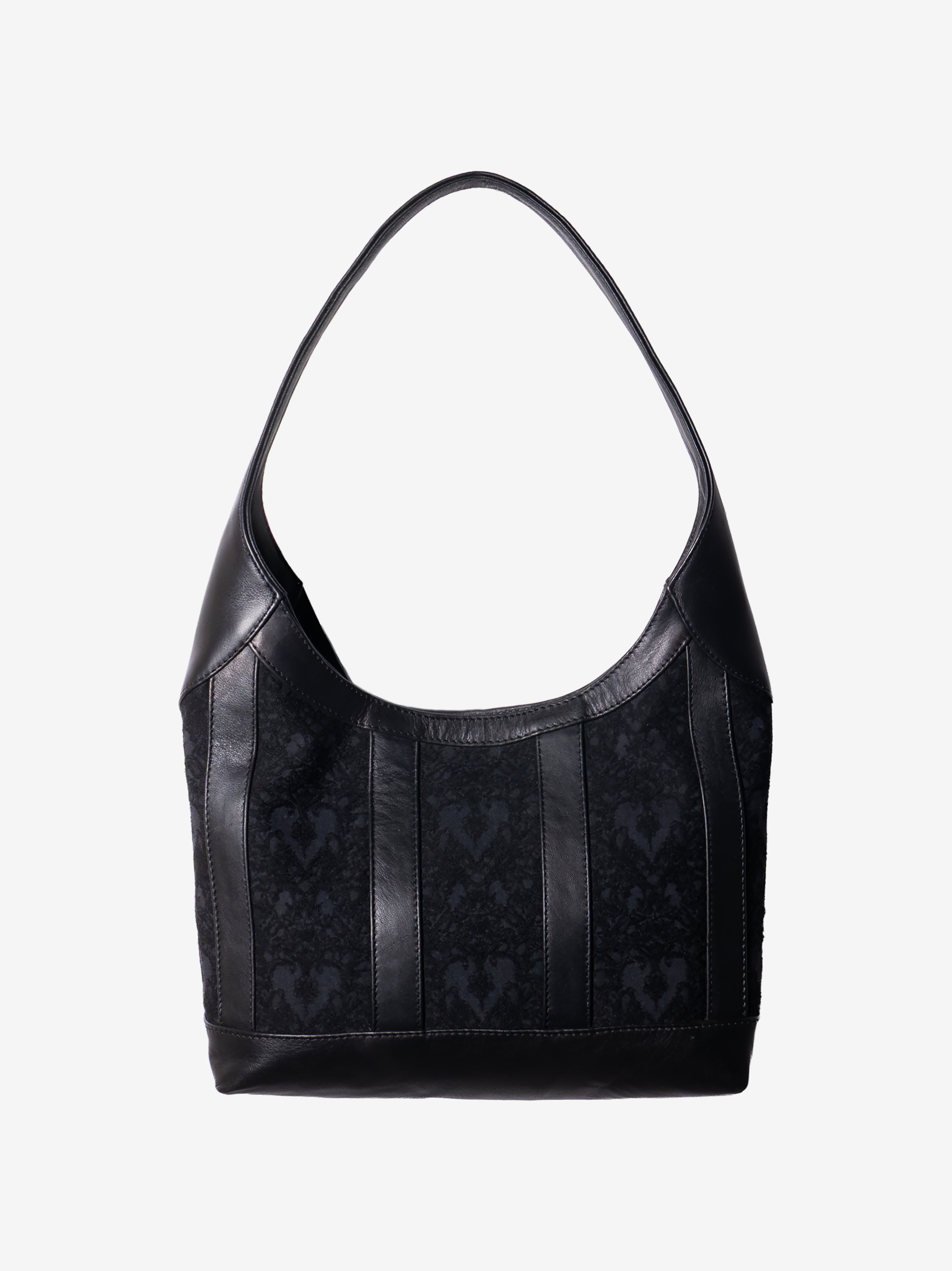 Black leather handbag with black/black heart-patterned jacquard on a white background
