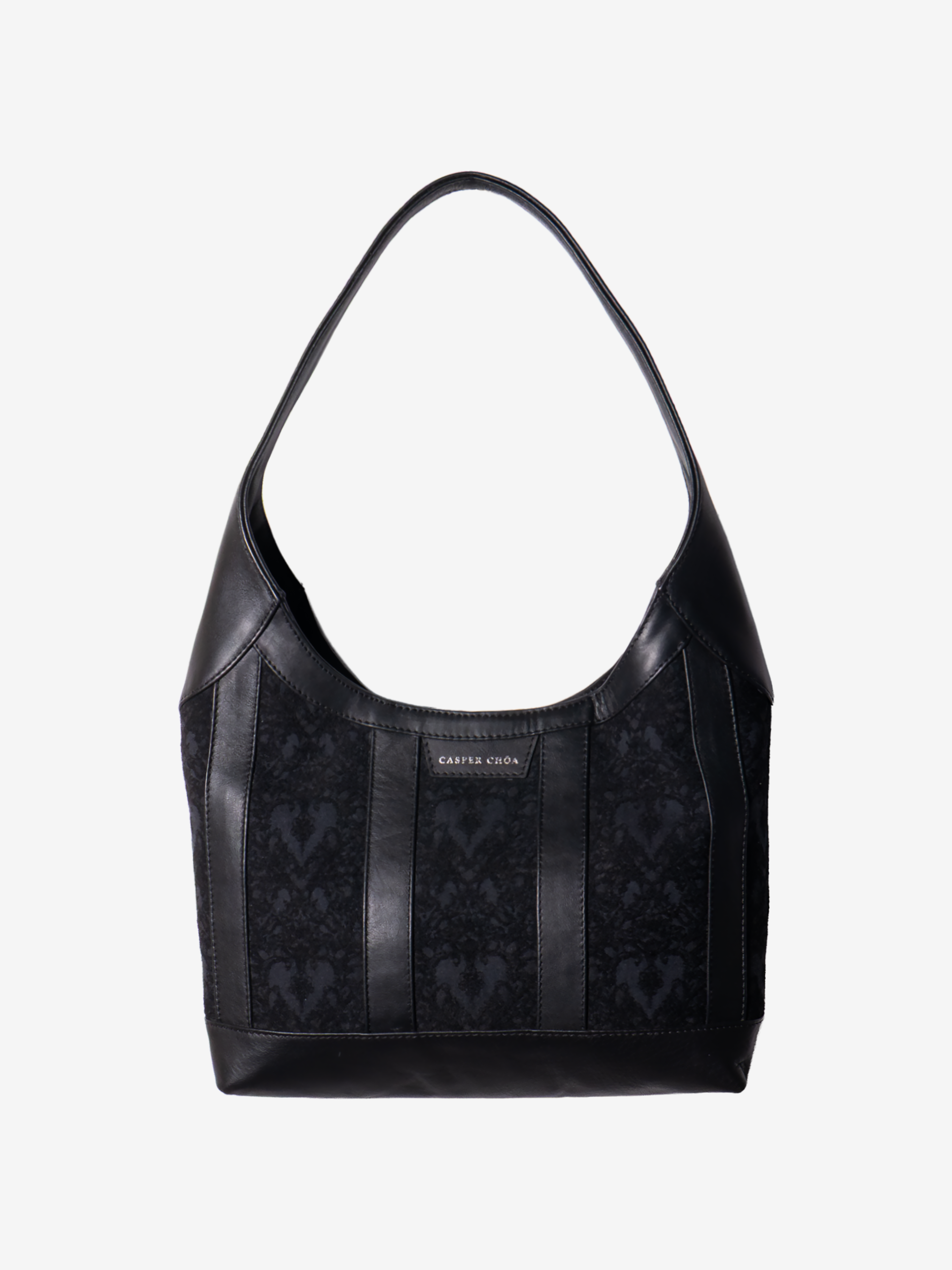 Black leather handbag with black/black heart-patterned jacquard on a white background Main image