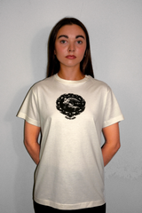 picture of woman in ivory short sleeve t-shirt with black screenprinted image of an angel cameo broach with "CASPER CHOA" logo beneath