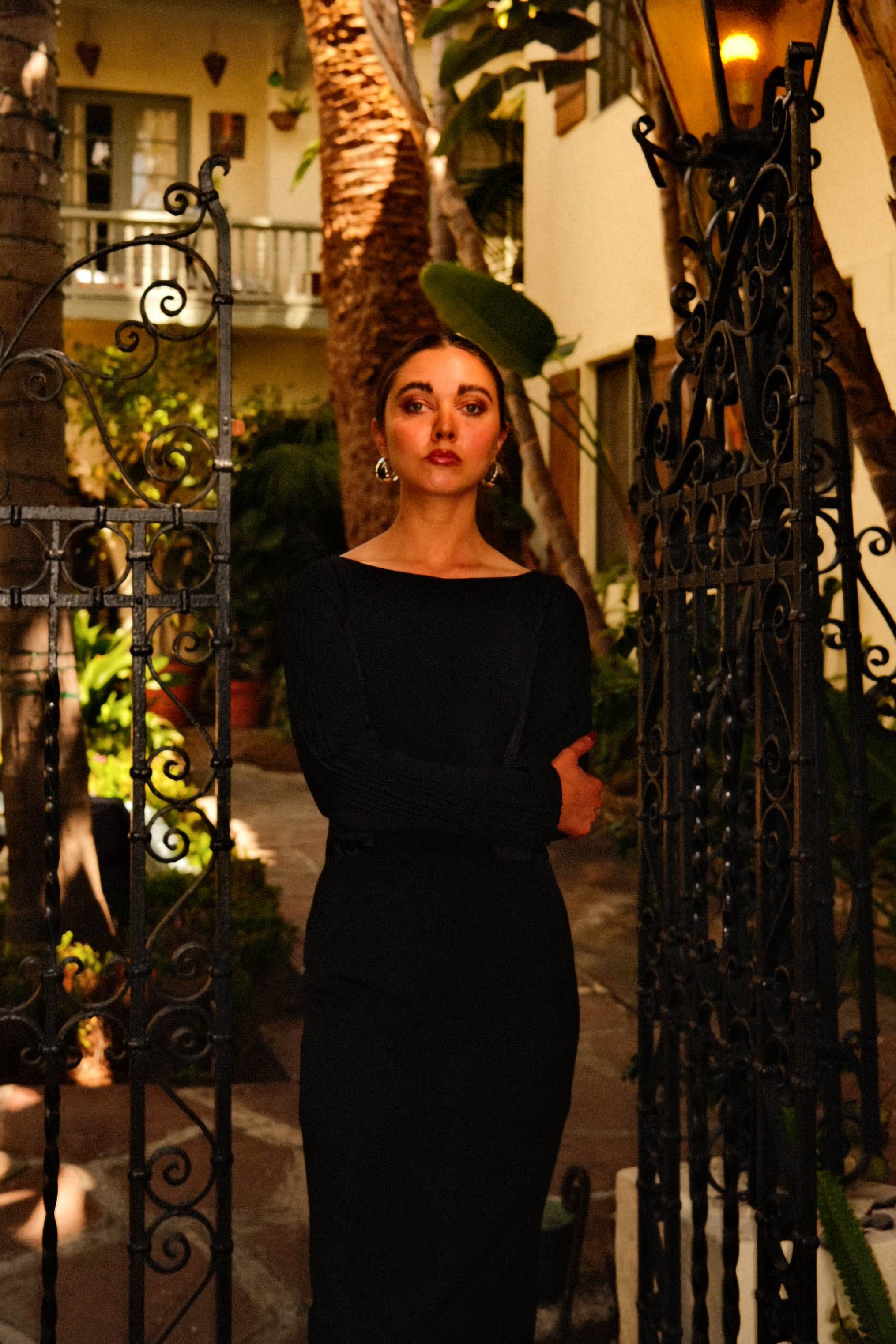 picture of woman in black dress in front of iron gates