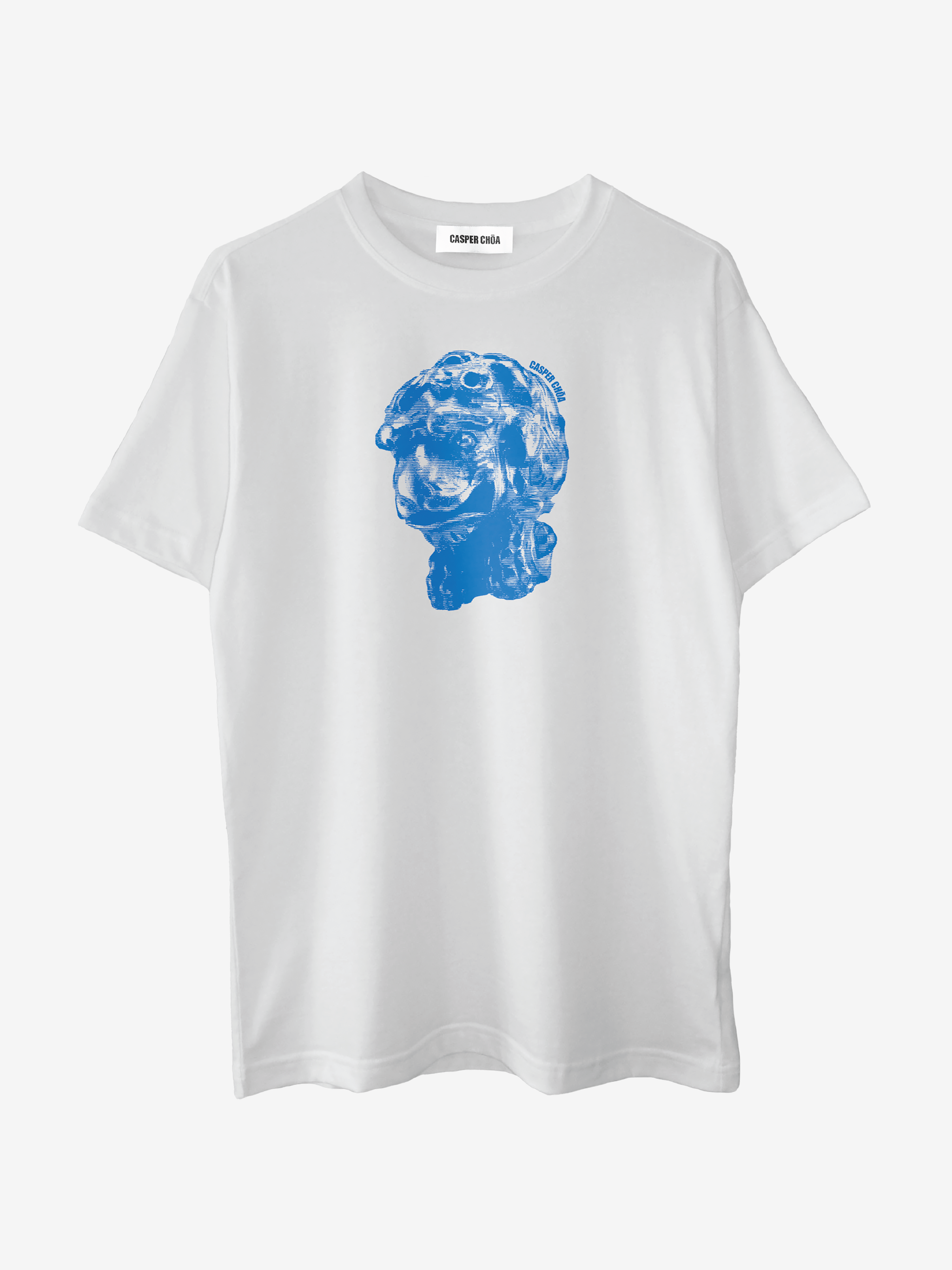 picture of white short sleeve t-shirt with blue screenprinted image of a dog-like creature with "CASPER CHOA" logo above Main image