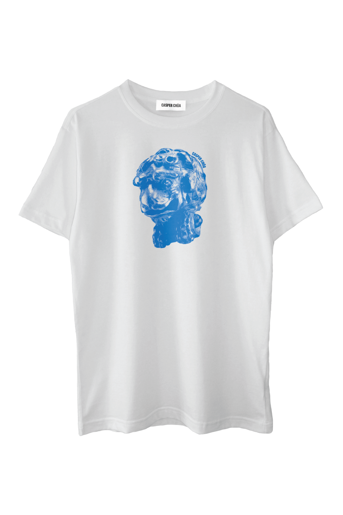 picture of white short sleeve t-shirt with blue screenprinted image of a dog-like creature with "CASPER CHOA" logo above