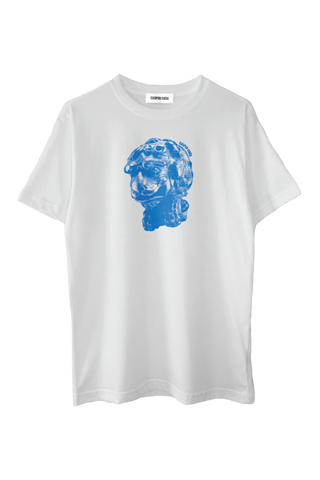 picture of white short sleeve t-shirt with blue screenprinted image of a dog-like creature with "CASPER CHOA" logo above