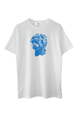 picture of white short sleeve t-shirt with blue screenprinted image of a dog-like creature with "CASPER CHOA" logo above