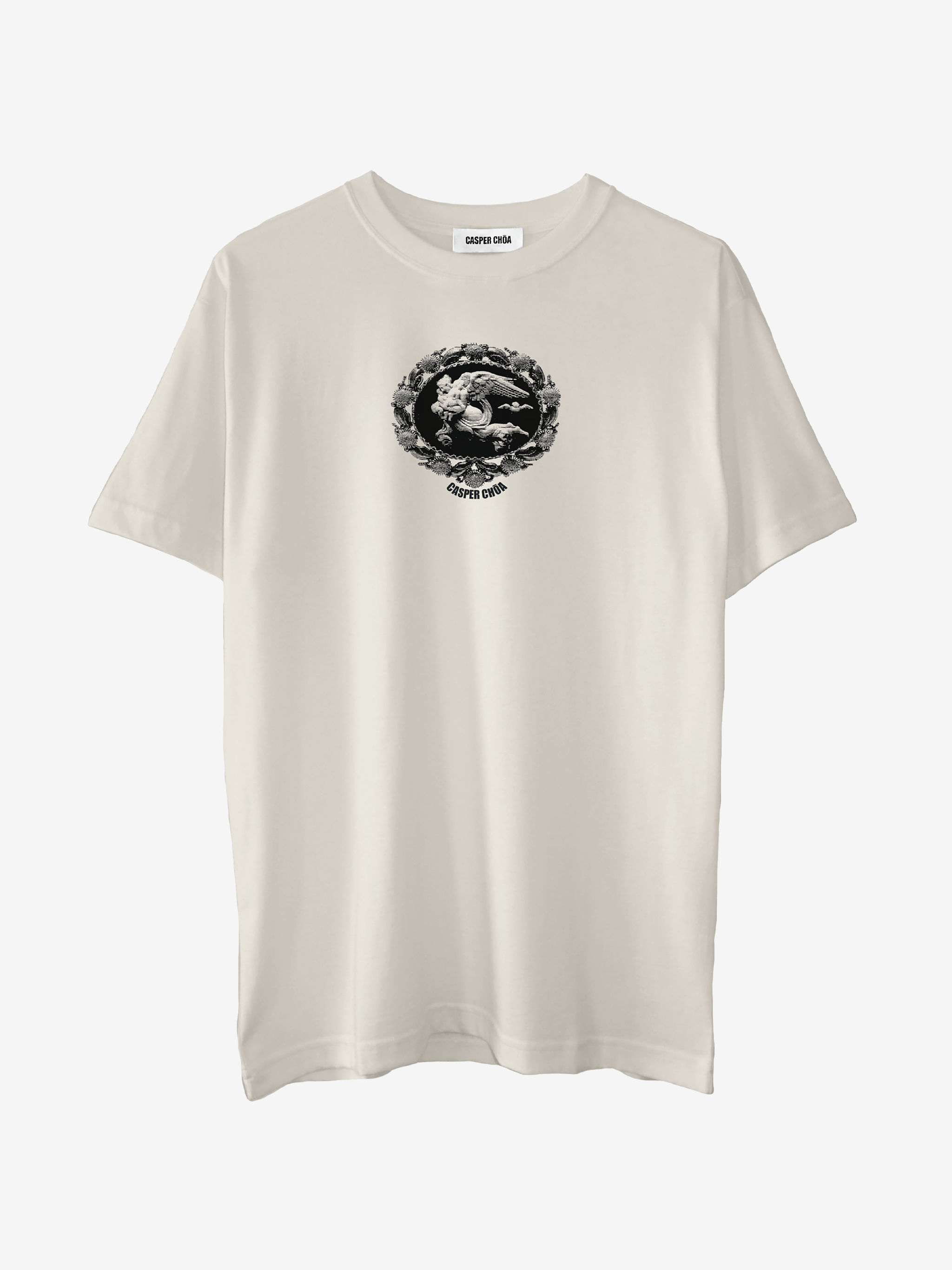picture of ivory short sleeve t-shirt with black screenprinted image of an angel cameo broach with "CASPER CHOA" logo beneath Main image