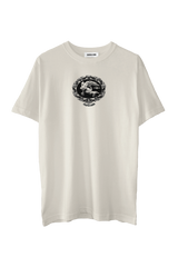 picture of ivory short sleeve t-shirt with black screenprinted image of an angel cameo broach with "CASPER CHOA" logo beneath